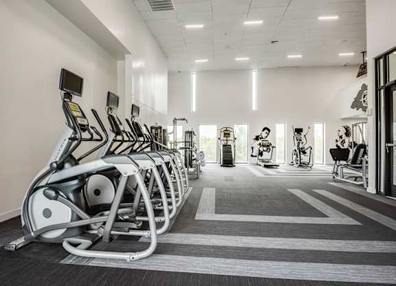 A gym with a row of treadmills and exercise bikes.