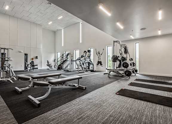 A spacious gym with a variety of equipment including treadmills, weights, and exercise machines.