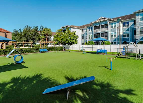 Wide dog park view with seesaw, tunnel and shaded seating