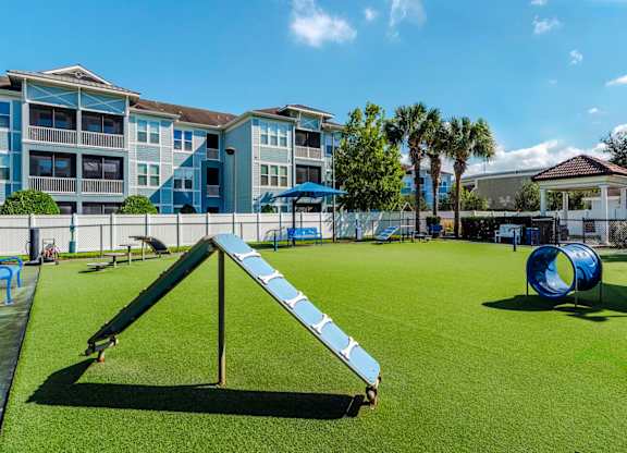 Large community dog park with play structures near blue buildings