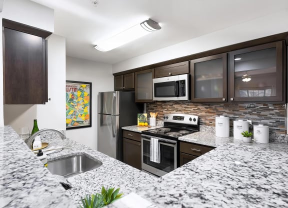 Mesa Verde Kitchen Upgraded Kitchen with Bar Top Granite Countertops Shaker Cabinets Stainless Appliances Undermount Sink