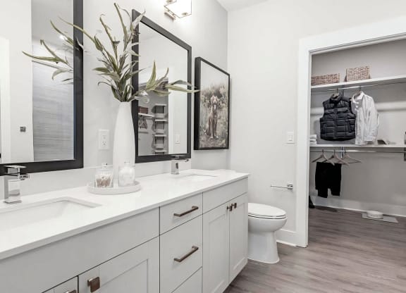 Luxurious bathroom with double vanity and spacious walk-in closet at Novel Cary
