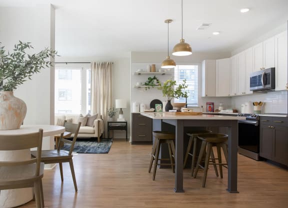Picturesque open kitchen area with modern island and charcoal color cabinets at Novel Cary
