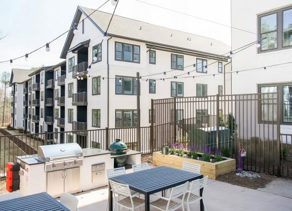 Spacious outdoor grilling station with two grills and herb planters at Novel Cary