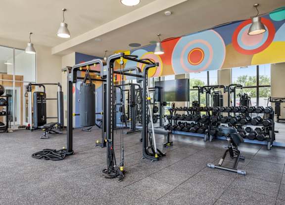A gym with a variety of equipment including weights and machines.