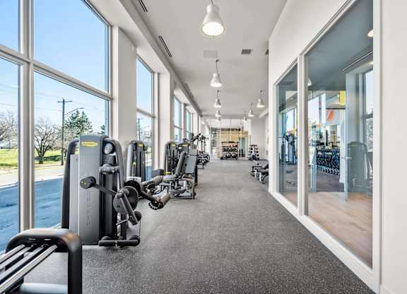 A gym with a row of treadmills and other exercise equipment.