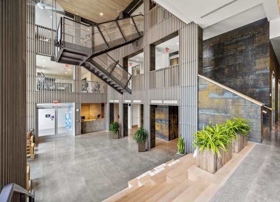 A modern interior with a staircase and a plant.