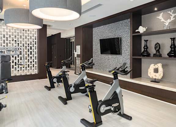 Bike Room with Modern Fitness Bikes and Decorative Wall Accents