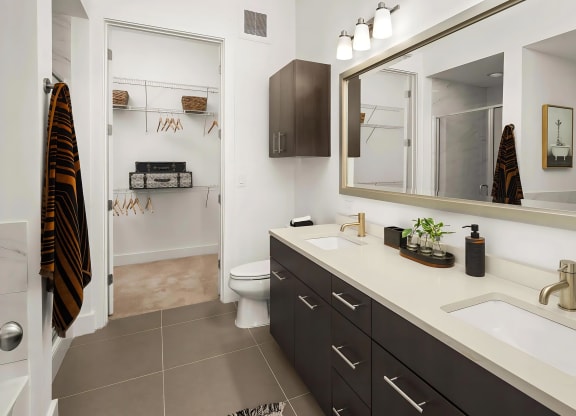 Double Sink Bathroom with Modern Cabinetry and Attached Walk-In Closet