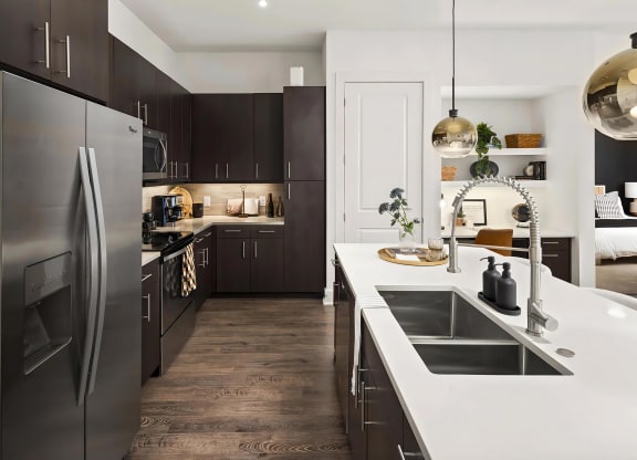 Stylish Kitchen with Stainless Steel Appliances and Dark Wood Cabinetry