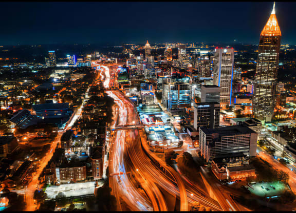 City Lights and Freeway Traffic in Downtown Atlanta After Dark