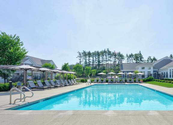 Long view across the saltwater pool with lounge chairs and landscaped grounds.
