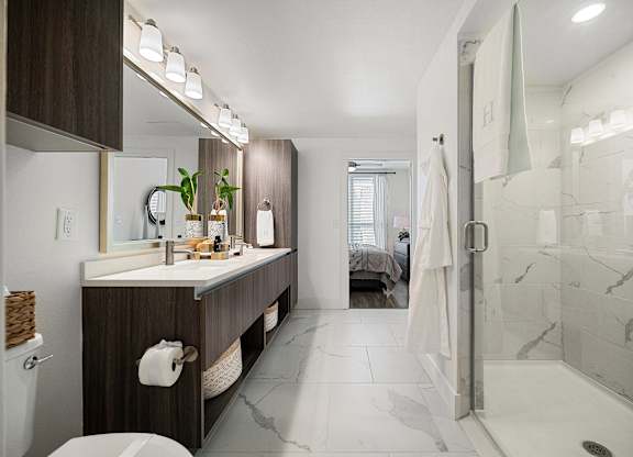 Spa-inspired bathroom with dual vanity, quartz counters, and a walk-in glass shower