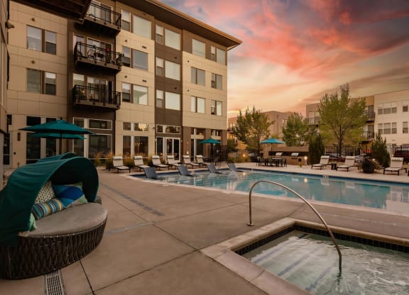 Sunset View of Swimming Pool and Hot Tub