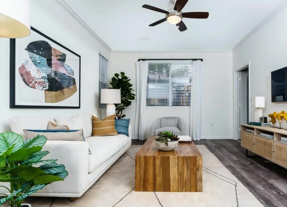 Stylish Apartment Living Area Featuring Ceiling Fan and Wall Art