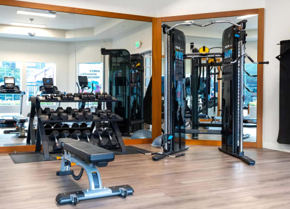One-Bedroom Apartments In Rancho Cucamonga, CA - Villas At The Gardens - 24-Hour Fitness Center With Free Weights, Weight-Training Machine, Workout Bench, Stationary Bikes, Treadmills, Ceiling Fans, TVs, And Mirror Walls.