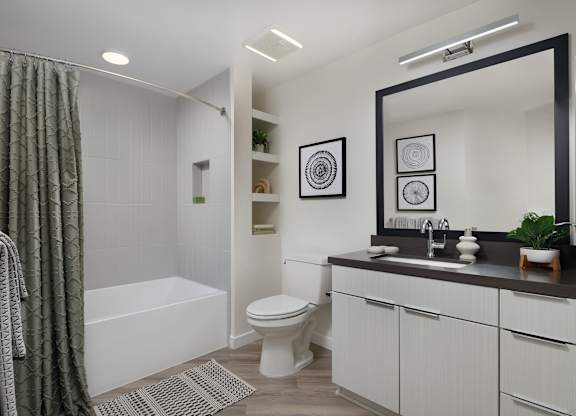 Bathroom with a tub and shower, toilet, long vanity, framed mirror, and built-in shelving.