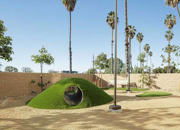 Gated dog park with landscaped mounds, an agility tunnel, benches, and palm trees.