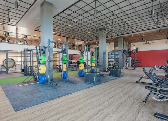 Fitness center with free weights, strength racks, benches, turf flooring, and large windows.