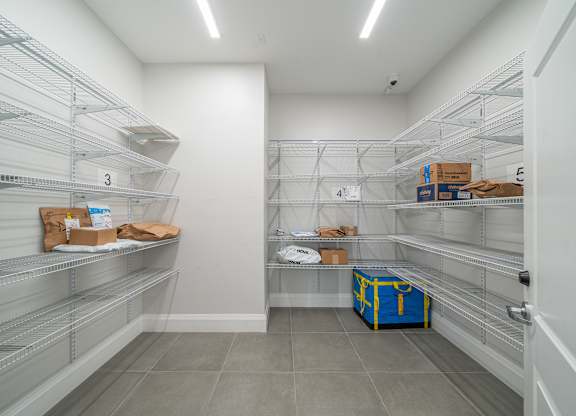 Pantry storage room with organized wire shelving at Port & Main Apartments, Port Chester, 10573