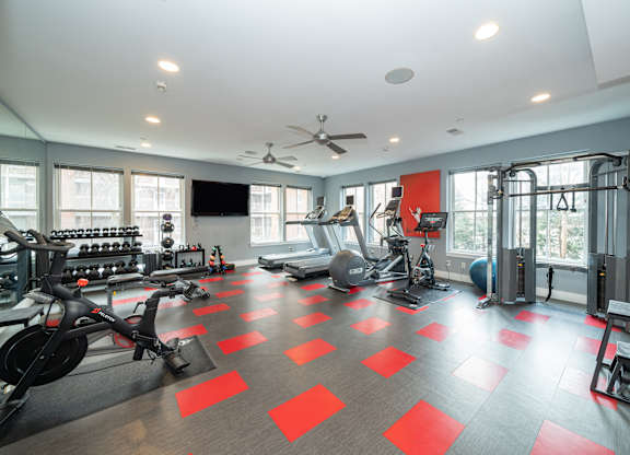 Fitness center with treadmills and strength training equipment at 750 Summer Street Apartments, Stamford, CT 06901