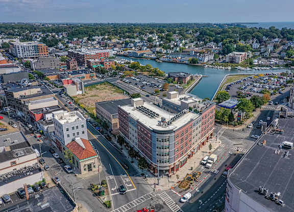 Aerial view of waterfront downtown area at Port & Main Apartments, Port Chester, NY