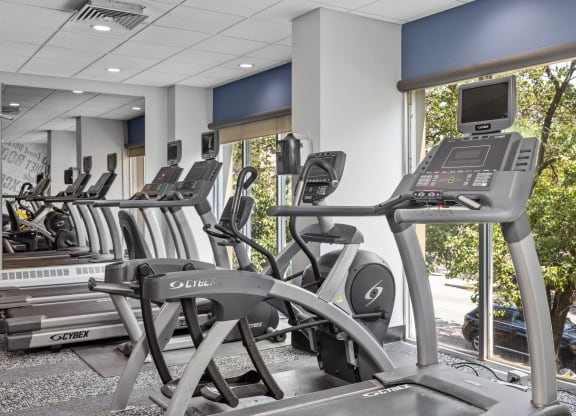 a row of treadmills and exercise machines in a fitness room