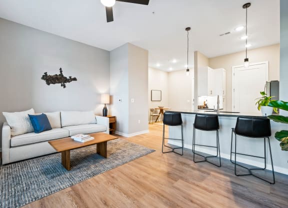 a living room with a couch and a kitchen with a bar