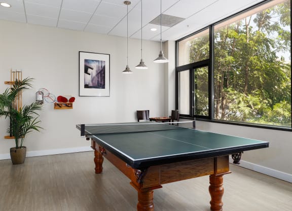 a game room with a pool table and a large window