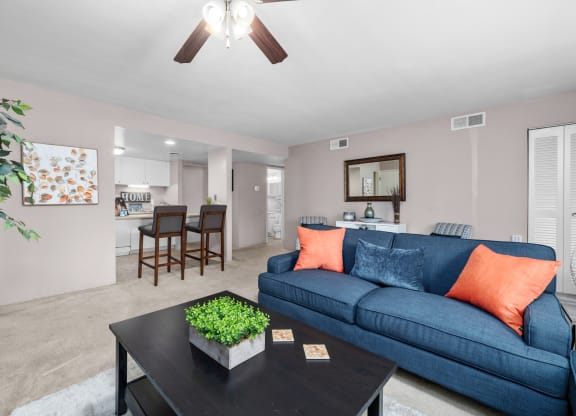 a living room with a blue couch and a coffee table with a plant on top of it