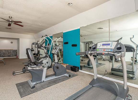 the gym has plenty of exercise equipment and mirrors