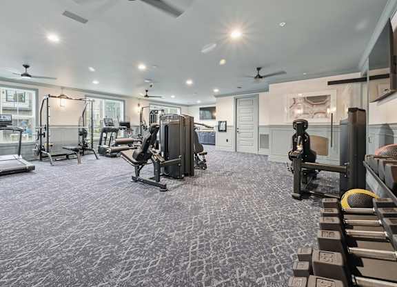 A spacious gym with a variety of equipment and a patterned carpet.