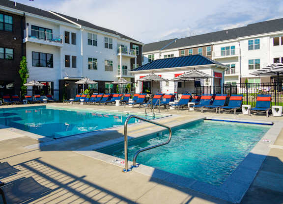 Resort style pool with hot tub and sundeck at Fairmont Apartments, Westerville, OH 43081
