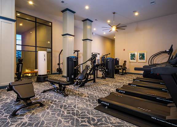 A gym with treadmills, elliptical machines, and other exercise equipment.