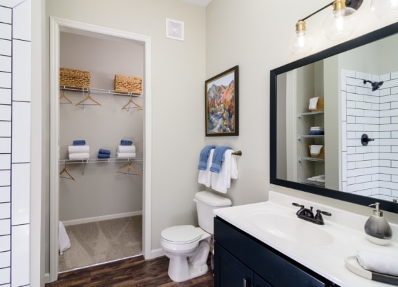 a bathroom with a white toilet next to a white sink with a mirror above it