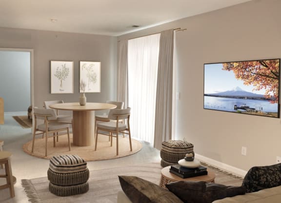 a rendering of a living room with a table and chairs and a tv