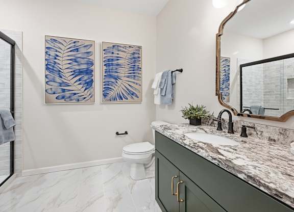 A bathroom with a toilet, sink, and two blue and white artworks on the wall.