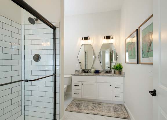 A bathroom with a glass shower door and a vanity with a mirror above it.