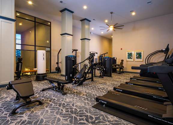 A gym with treadmills, weights, and exercise equipment.