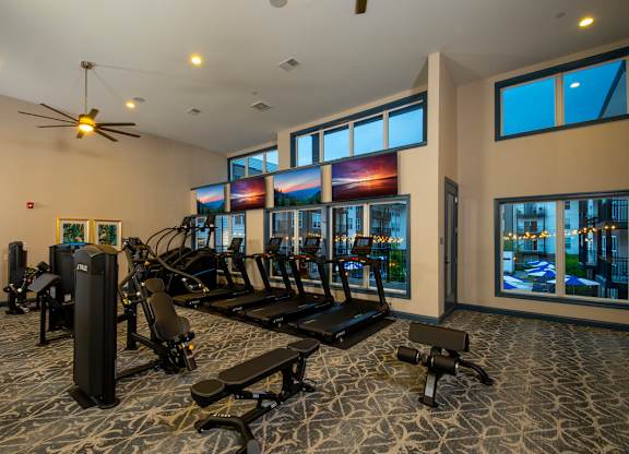 A gym with a variety of equipment including treadmills, weights, and a bench.