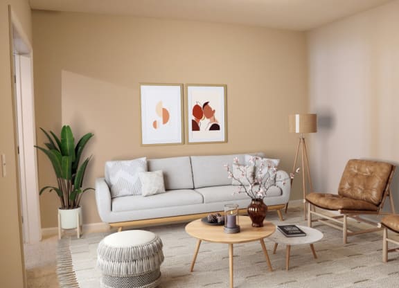 a living room with a couch and a table