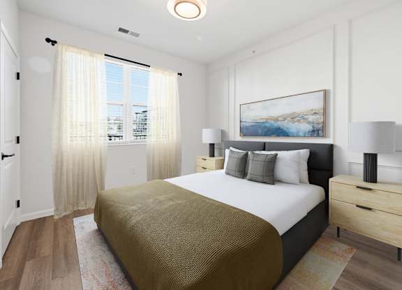 A bedroom with a bed, nightstand, and a painting on the wall.