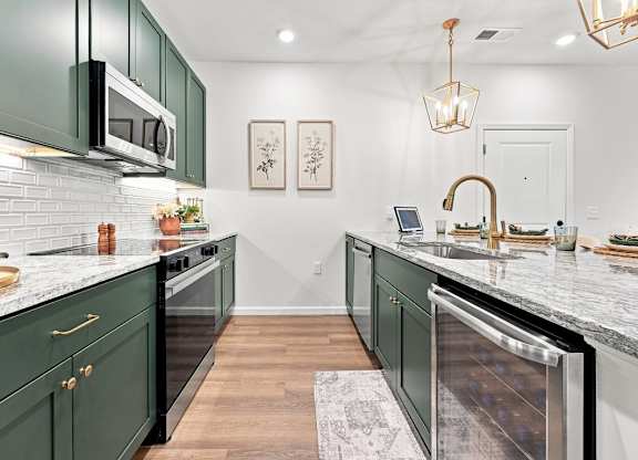 A kitchen with green cabinets and a white backdrop.