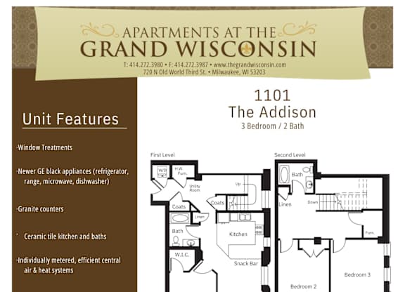 Apartment rental information of floor plan Addison at Grand Wisconsin, Milwaukee, WI, Wisconsin