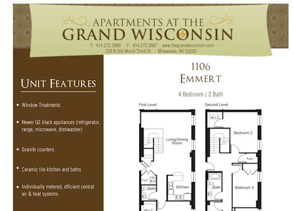 Apartment rental information of floor plan Emmert at Grand Wisconsin, Milwaukee, WI
