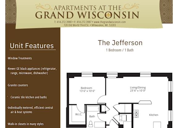 Apartment rental information of floor plan Jefferson at Grand Wisconsin, Milwaukee, Wisconsin