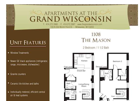 Apartment rental information of floor plan Mason at Grand Wisconsin, Wisconsin , 53203
