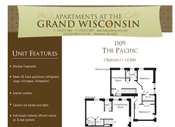 Apartment rental information of floor plan Pacific at Grand Wisconsin, Milwaukee, WI, 53203