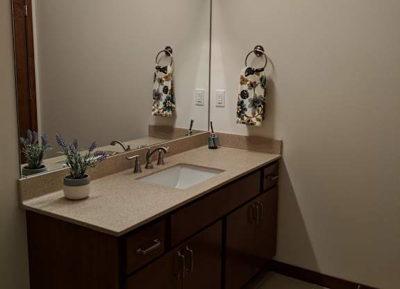 A bathroom with a sink, mirror, and towel rack at Cornerstone & Ravenna* Apartments, Shorewood, WI, 53211