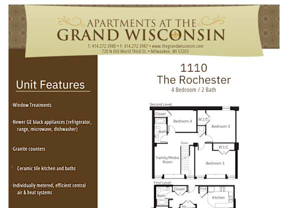 Apartment rental information of floor plan Rochester at Grand Wisconsin, Milwaukee, WI